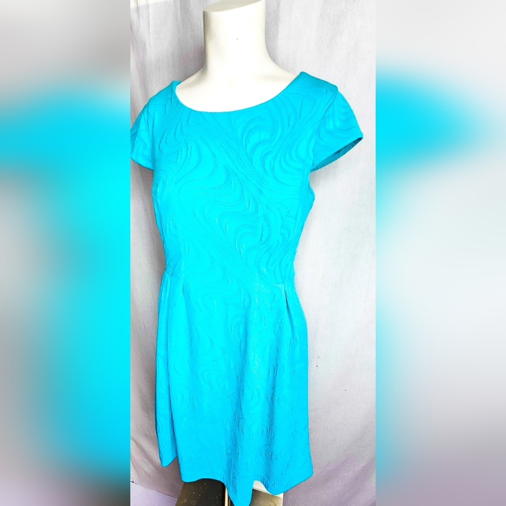 R&K Aqua Turquoise Blue Cap Sleeve Fit & Flare Dress Size 10P - Picture 3 of 11